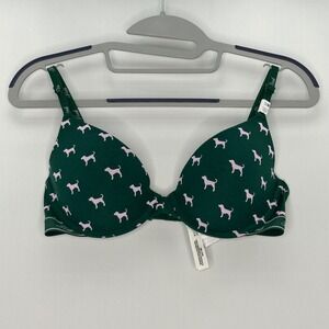 PINK Victoria's Secret Green Dog‎ Print Lightly Lined Bra 32D Underwire NWT cute